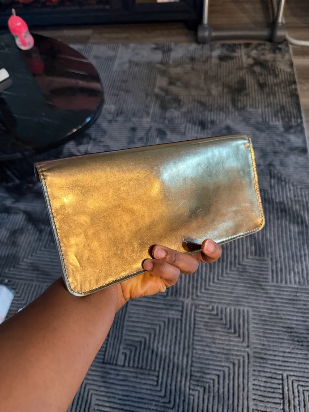 Tory Burch Metallic Gold Envelope Clutch with Logo Turnlock
